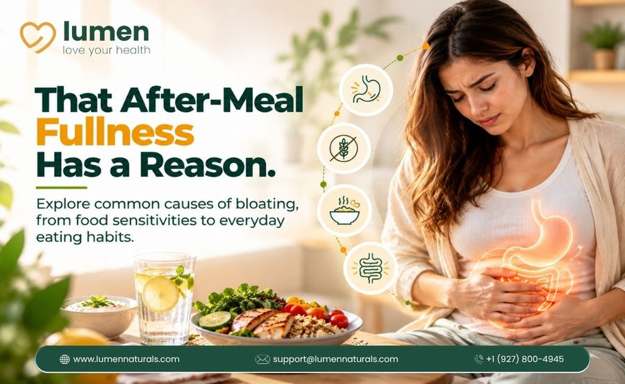 Lumen ad about after-meal fullness and bloating, showing a concerned woman holding her stomach beside healthy food and digestive icons.