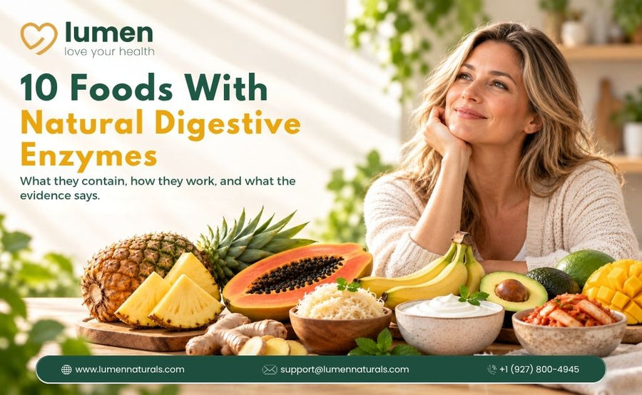 Lumen graphic promoting 10 foods with natural digestive enzymes, featuring a smiling woman and assorted fruits, yogurt, ginger, and kimchi.