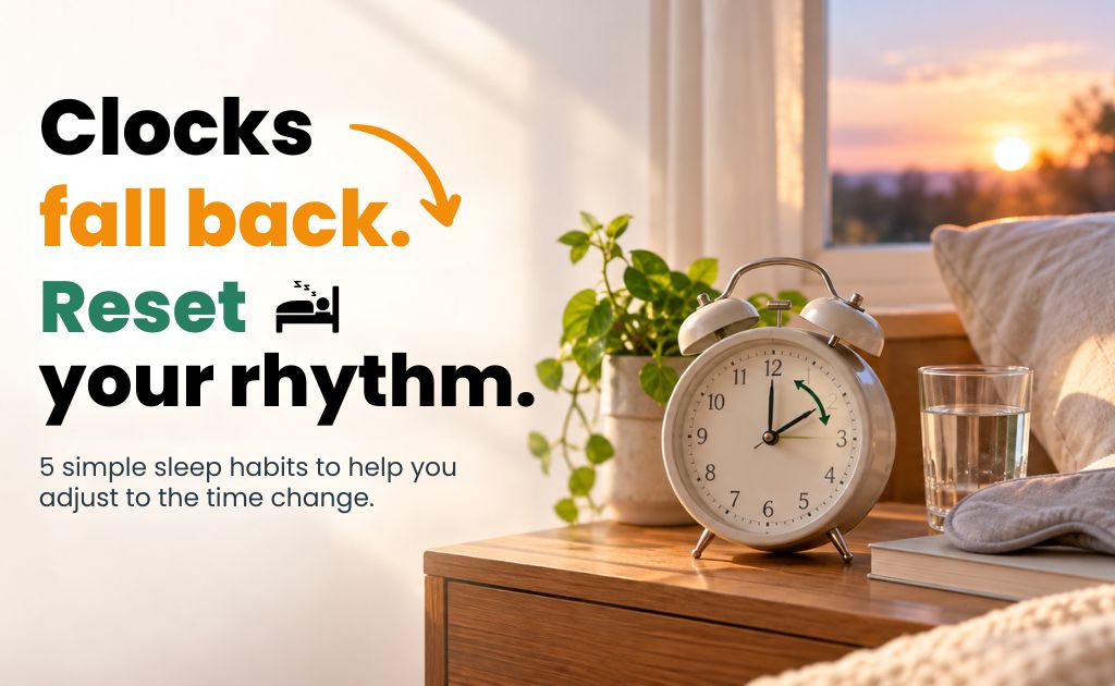 Graphic reading “Clocks fall back. Reset your rhythm” beside an alarm clock, plant, water glass, and bed at sunset.