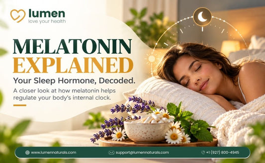 Lumen infographic titled “Melatonin Explained,” featuring a sleeping woman, a bowl of supplement capsules, and lavender flowers, with company contact information below.