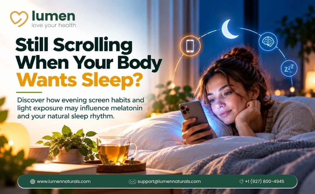 Lumen ad showing a woman scrolling on her phone in bed at night, asking how screen habits affect sleep and melatonin.