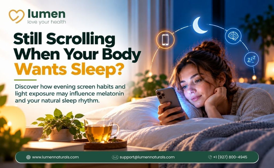 Lumen ad showing a woman scrolling on her phone in bed at night, asking how screen habits affect sleep and melatonin.