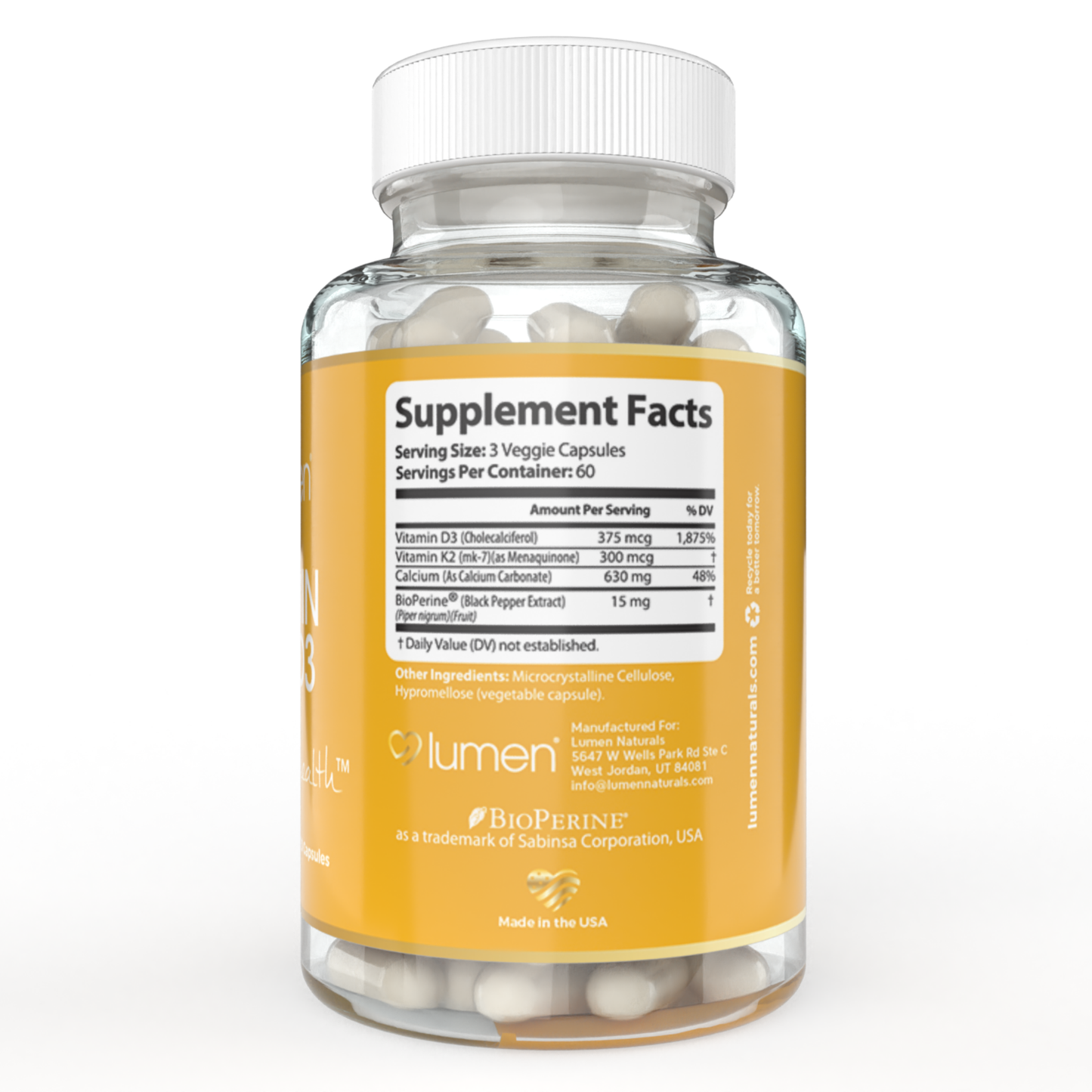 Lumen Naturals K2D3 - Vitamin K2, Vitamin D3, Calcium, BioPerine for Women - 180 Count Capsules