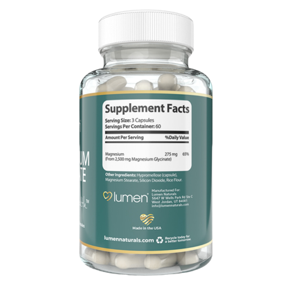 Lumen Naturals Magnesium Capsules for Women - 275mg - Magnesium Glycinate - 180 Count - 60 Servings