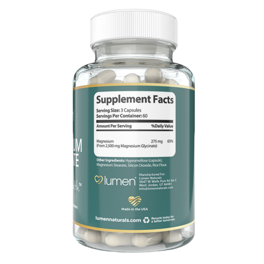 Lumen Naturals Magnesium Capsules for Women - 275mg - Magnesium Glycinate - 180 Count - 60 Servings