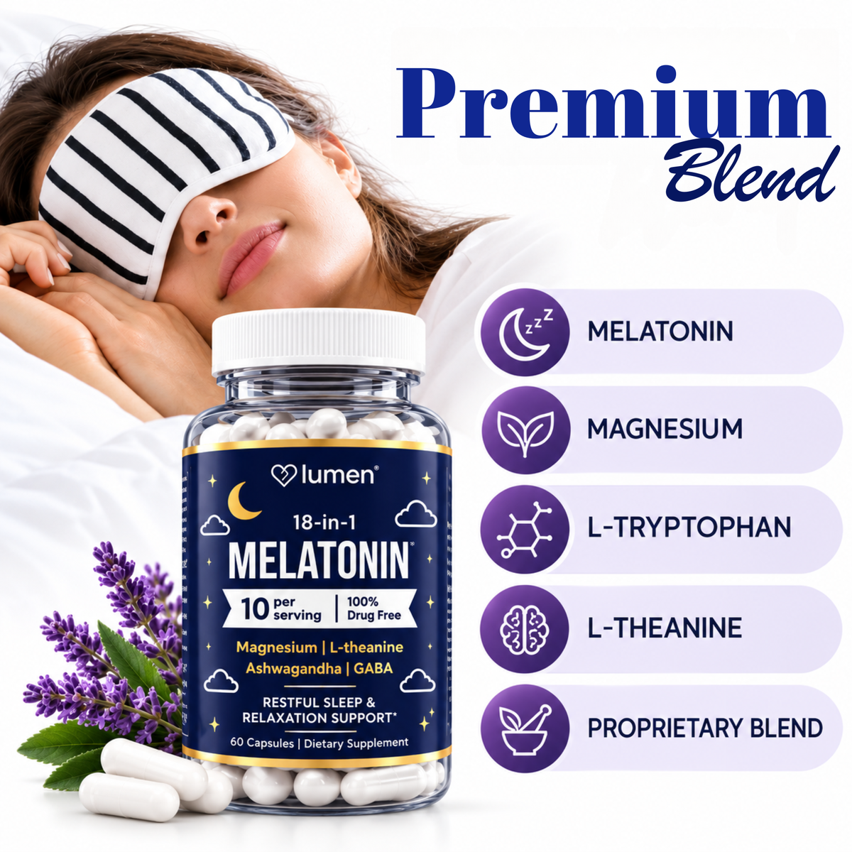 Lumen Naturals Sleep Formula For Women Melatonin Magnesium L-Tryptophan L-Theanine 1400+ mg