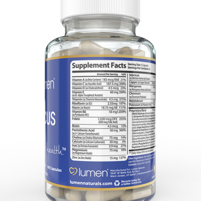 Lumen Naturals Focus Neuro Brain Supplement for Women - Vitamin C, D, E, B6, Riboflavin, Biotin, Zinc - 180 Capsules - 60 Servings