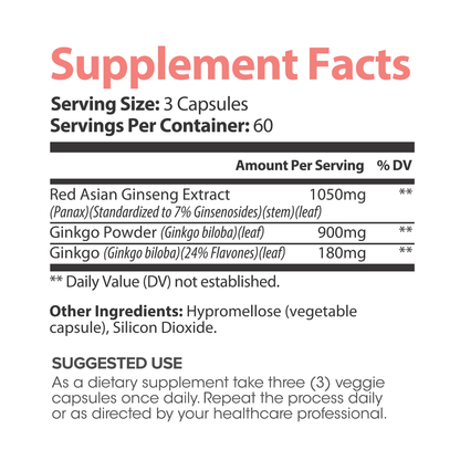 Lumen Naturals Gingko + Gingseng for Women - Red Asian Ginseng Extract - Ginkgo Powder - Veggie Capsules - 180 Count - 60 Servings