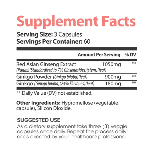 Lumen Naturals Gingko + Gingseng for Women - Red Asian Ginseng Extract - Ginkgo Powder - Veggie Capsules - 180 Count - 60 Servings