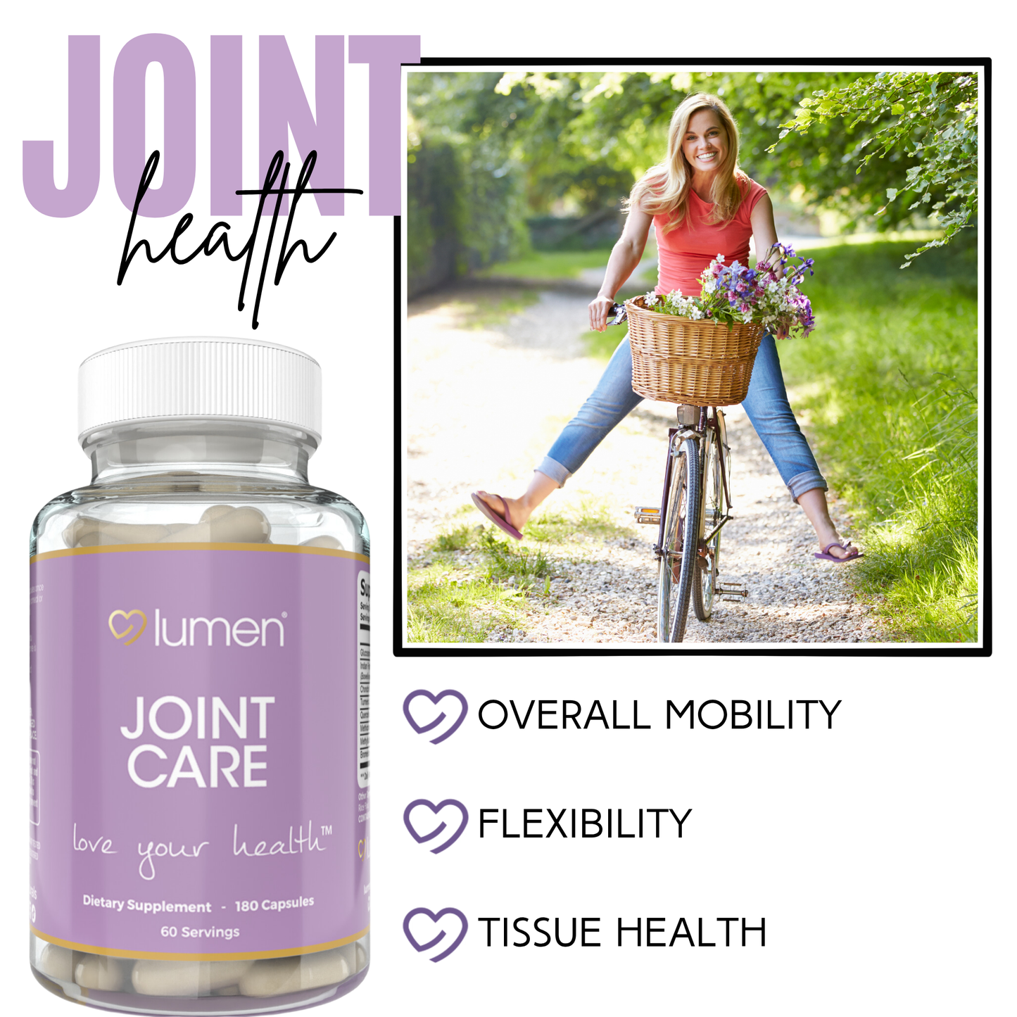 Lumen Naturals Mobility Care Supplement for Women with Glucosamine & Turmeric - 180 Count - 60 Servings