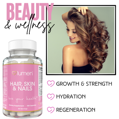 Lumen Naturals Hair, Skin & Nails for Women – With Biotin, Folate, Vitamins B6, B12, A, C, D & E – 180 Capsules – 60 Servings – Non-GMO, Gluten-Free, Vegan-Friendly