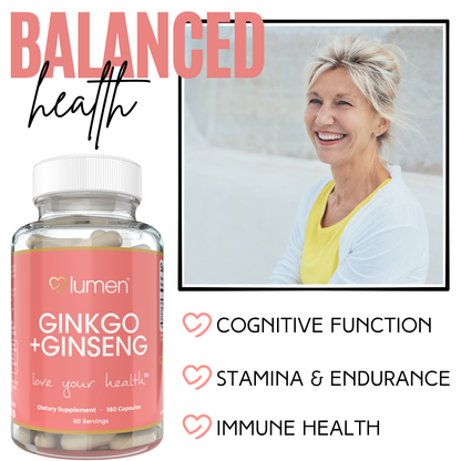 Lumen Naturals Gingko + Gingseng for Women - Red Asian Ginseng Extract - Ginkgo Powder - Veggie Capsules - 180 Count - 60 Servings
