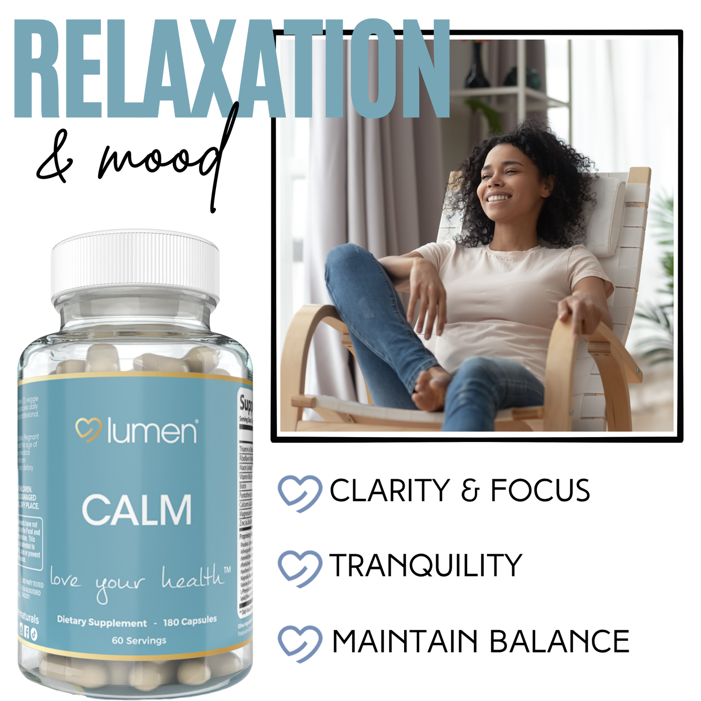 Lumen Naturals Calm for Women – 1200mg Per Serving – With Ashwagandha, Thiamin, Riboflavin & Biotin – 180 Capsules – 60 Servings – Non-GMO & Gluten-Free