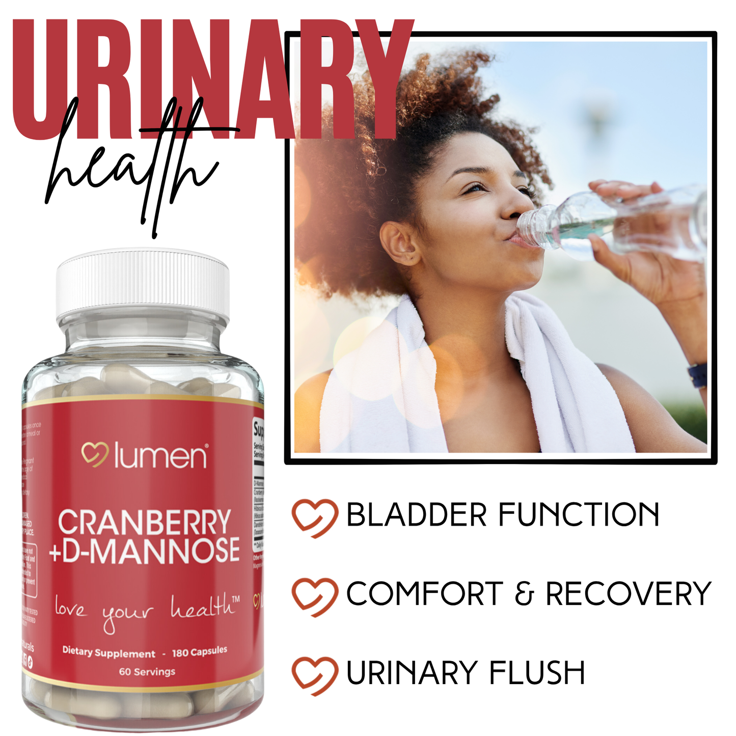 Lumen Naturals Cranberry + D-Mannose for Women - Cranberry, D-Mannose, Hibiscus, Dandelion Extract Blend - 2000mg Per Serving - 180 Count - 60 Servings