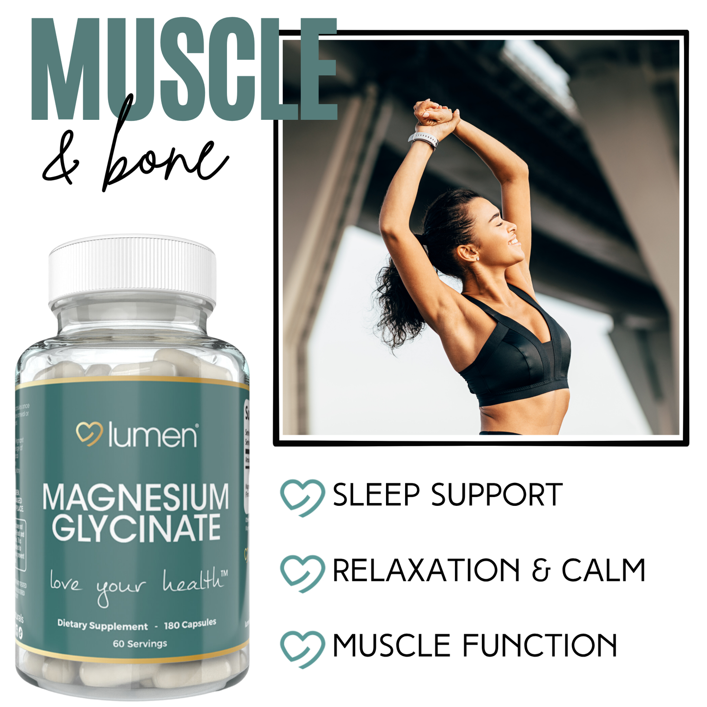 Lumen Naturals Magnesium Capsules for Women - 275mg - Magnesium Glycinate - 180 Count - 60 Servings