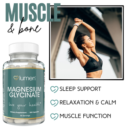 Lumen Naturals Magnesium Capsules for Women - 275mg - Magnesium Glycinate - 180 Count - 60 Servings