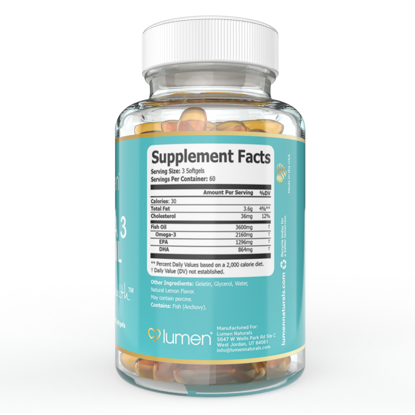 Lumen Naturals Omega 3 Fish Oil Softgels for Women - EPA - DHA - 3600mg - 180 Count - 60 Servings