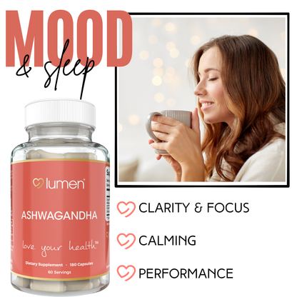 Lumen Naturals Organic Ashwagandha 1950mg – Made with Organic Ashwagandha Powder & Black Pepper – 180 Capsules – Formulated for Women