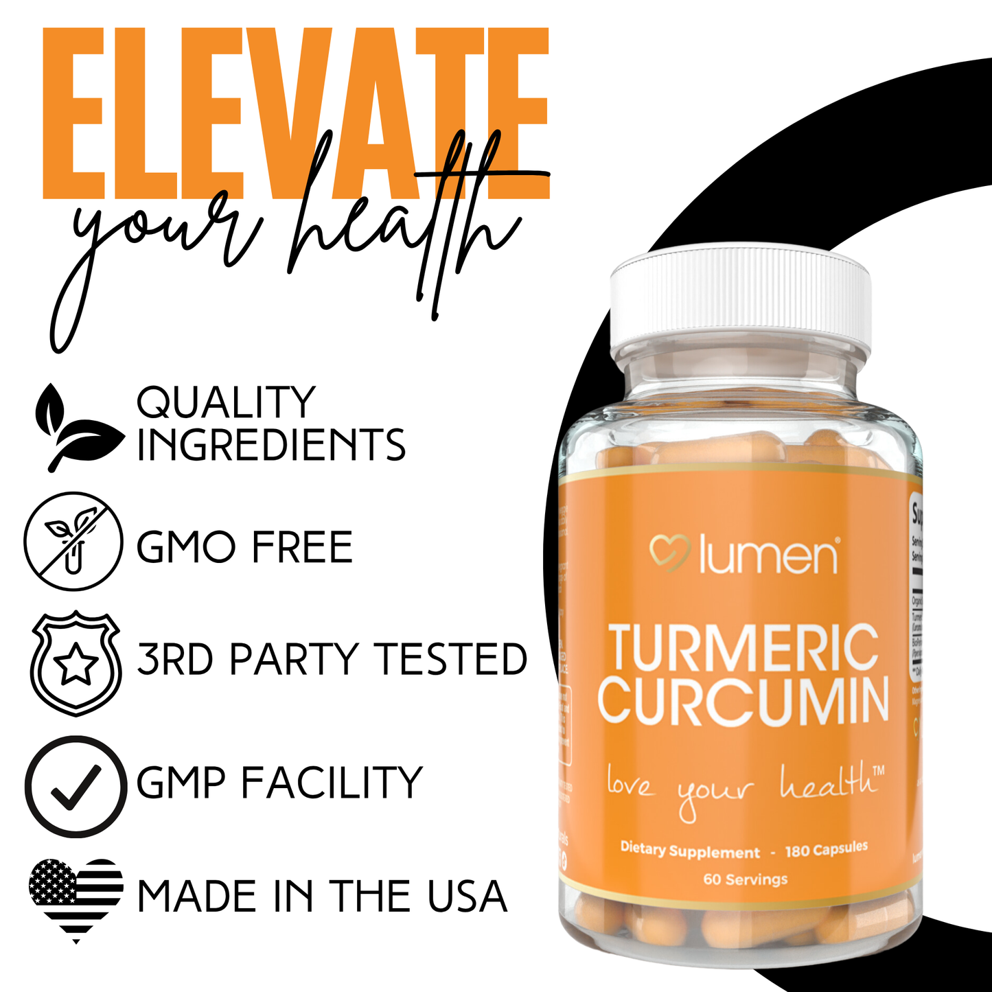 Lumen Naturals Turmeric Curcumin Supplement with BioPerine 1800mg with Black Pepper, Non-GMO Tumeric - 180 Capsules