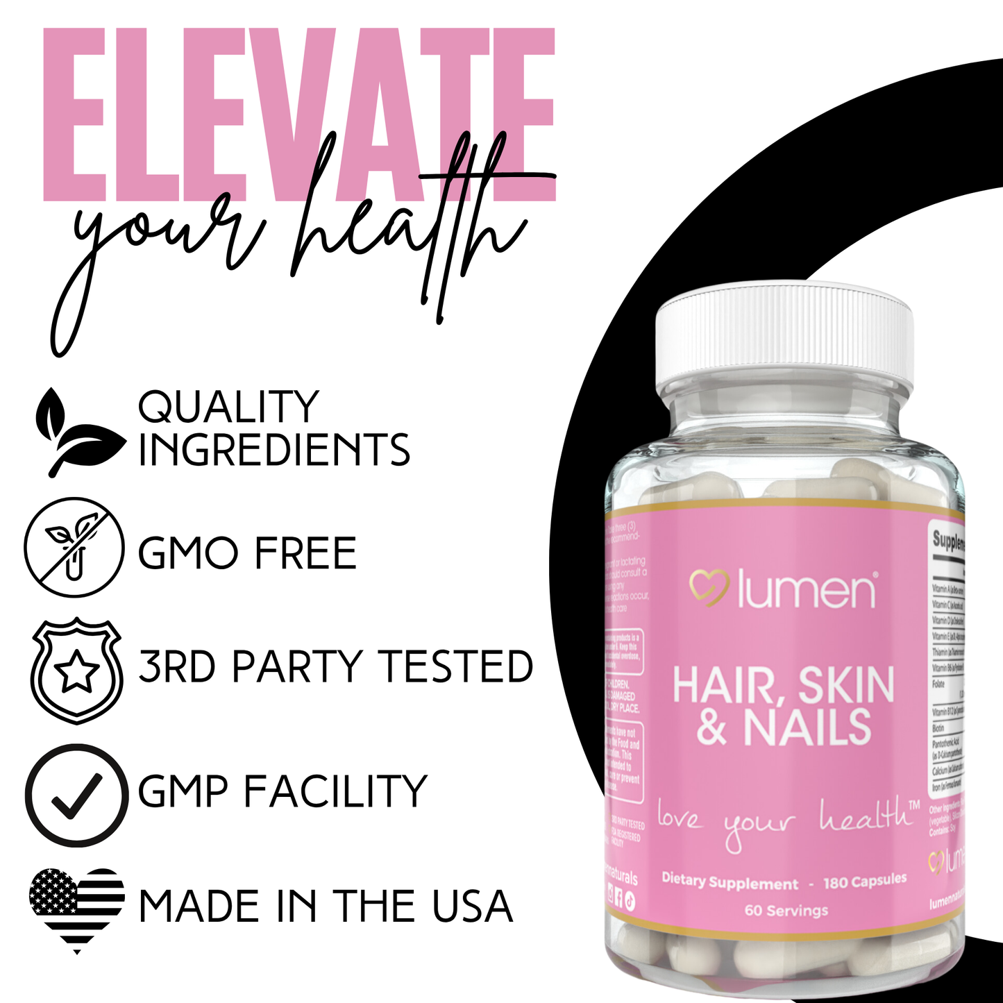 Lumen Naturals Hair, Skin & Nails for Women – With Biotin, Folate, Vitamins B6, B12, A, C, D & E – 180 Capsules – 60 Servings – Non-GMO, Gluten-Free, Vegan-Friendly