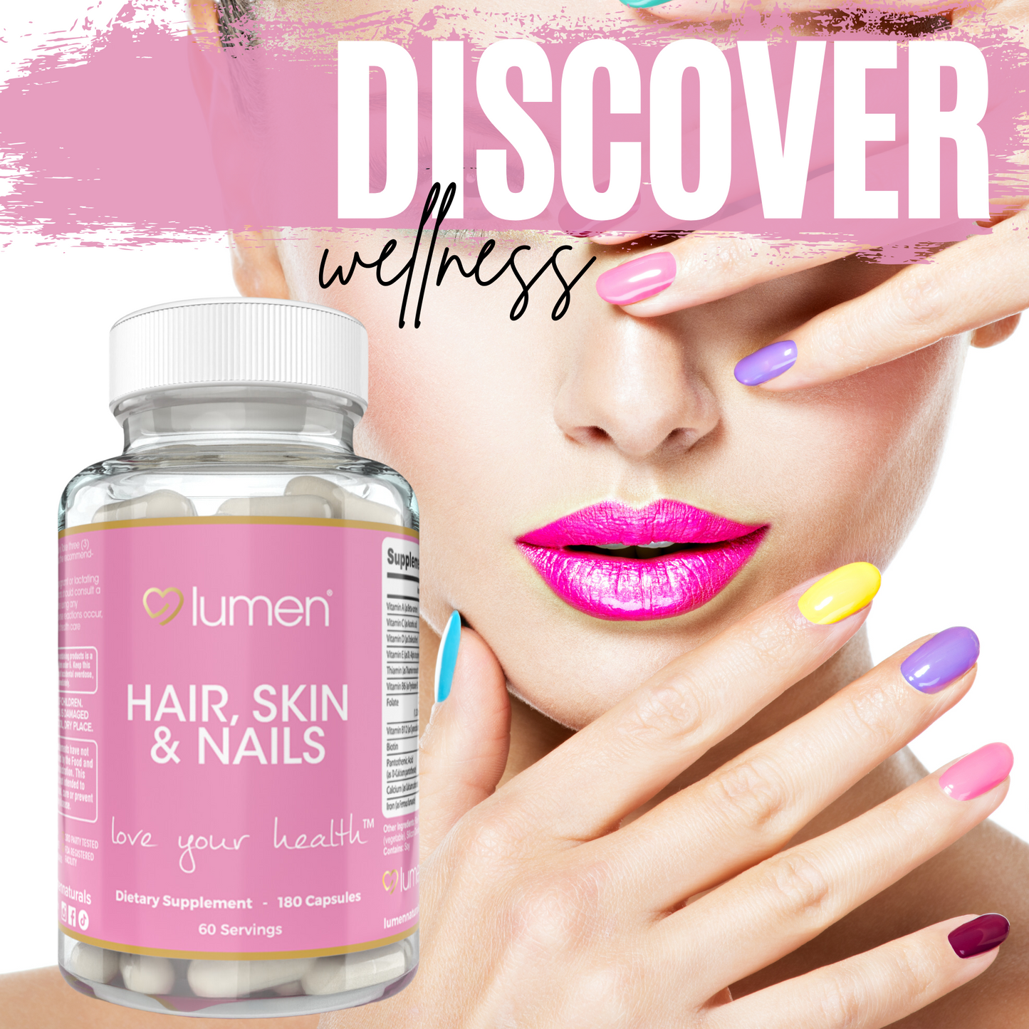 Lumen Naturals Hair, Skin & Nails for Women – With Biotin, Folate, Vitamins B6, B12, A, C, D & E – 180 Capsules – 60 Servings – Non-GMO, Gluten-Free, Vegan-Friendly